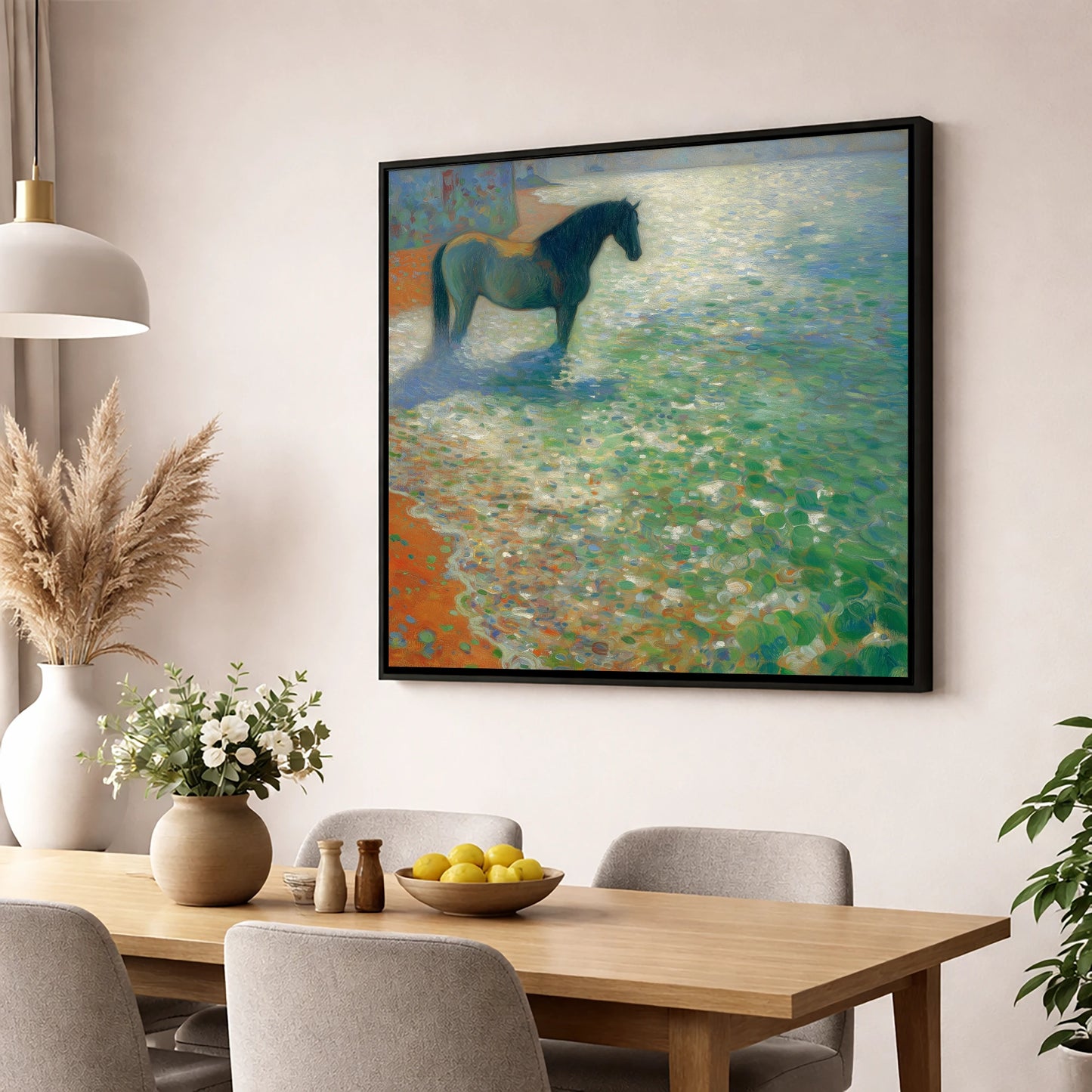 Sunlit Coastal Shallows beach horse wall art displayed in a dining room