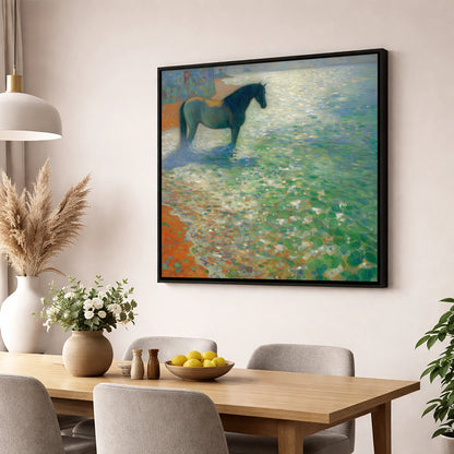 Sunlit Coastal Shallows beach horse wall art displayed in a dining room