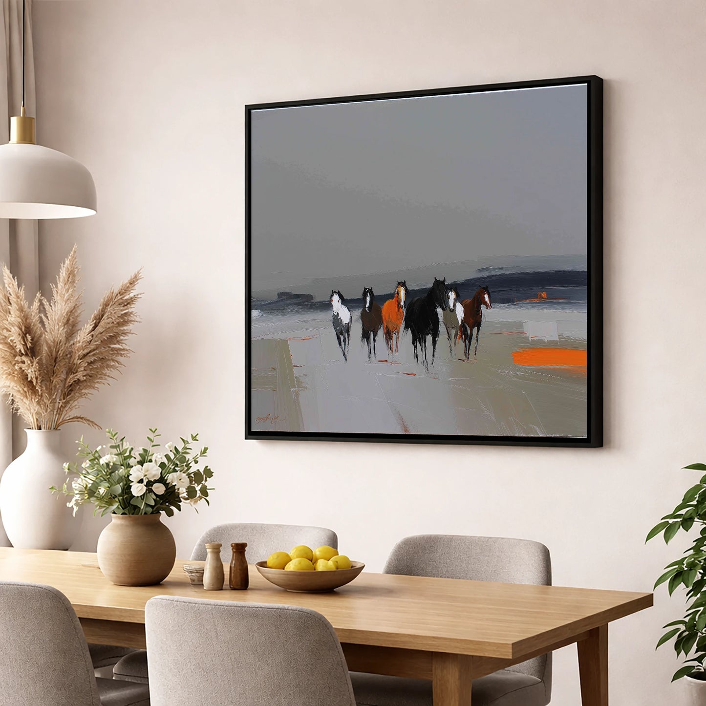 Vibrant Approach wild horses wall art displayed in a dining room