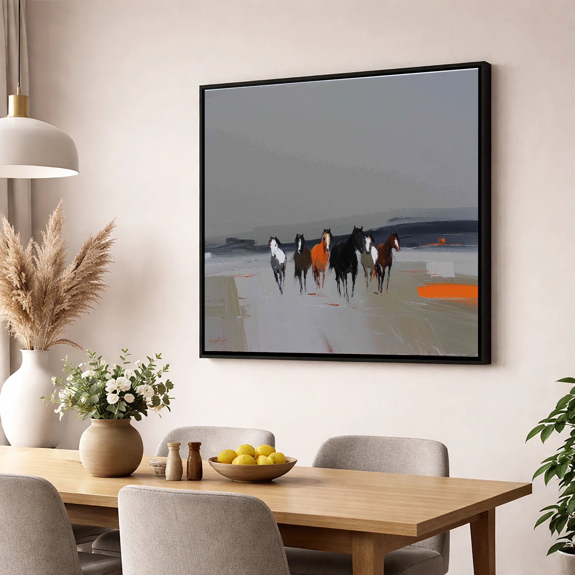 Vibrant Approach wild horses wall art displayed in a dining room