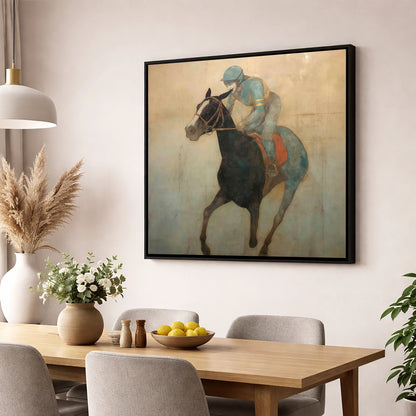 Teal Silk Canter racing horse wall art displayed in a dining room