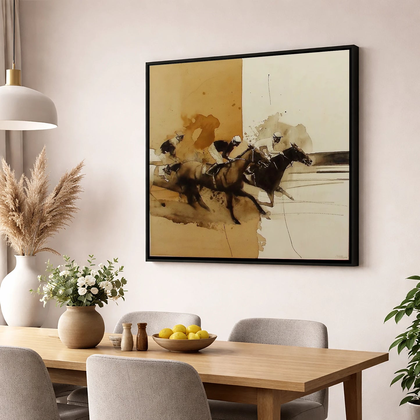 Dust and Glory racing horse wall art displayed in a dining room