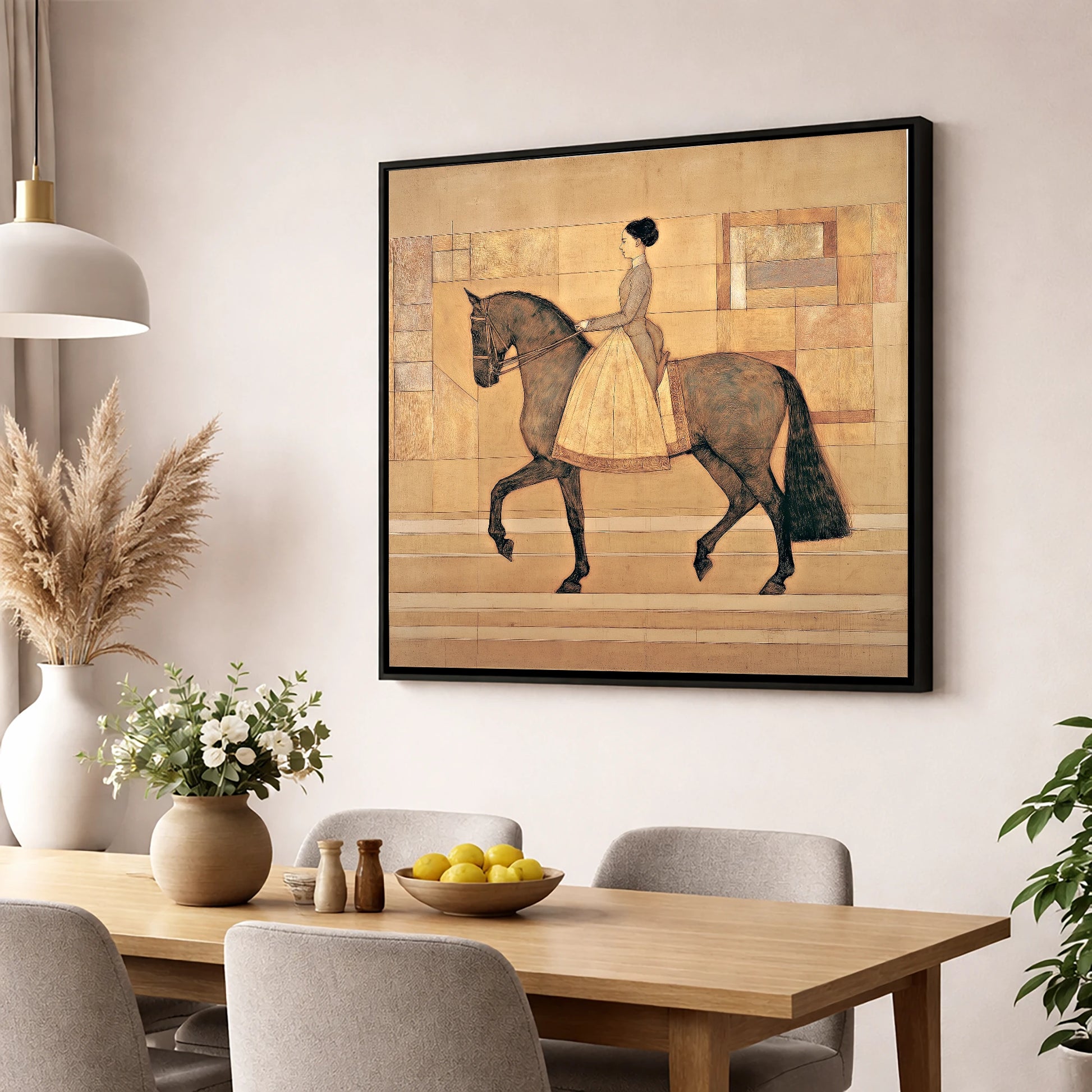 Golden Era Dressage dressage horse wall art displayed in a dining room