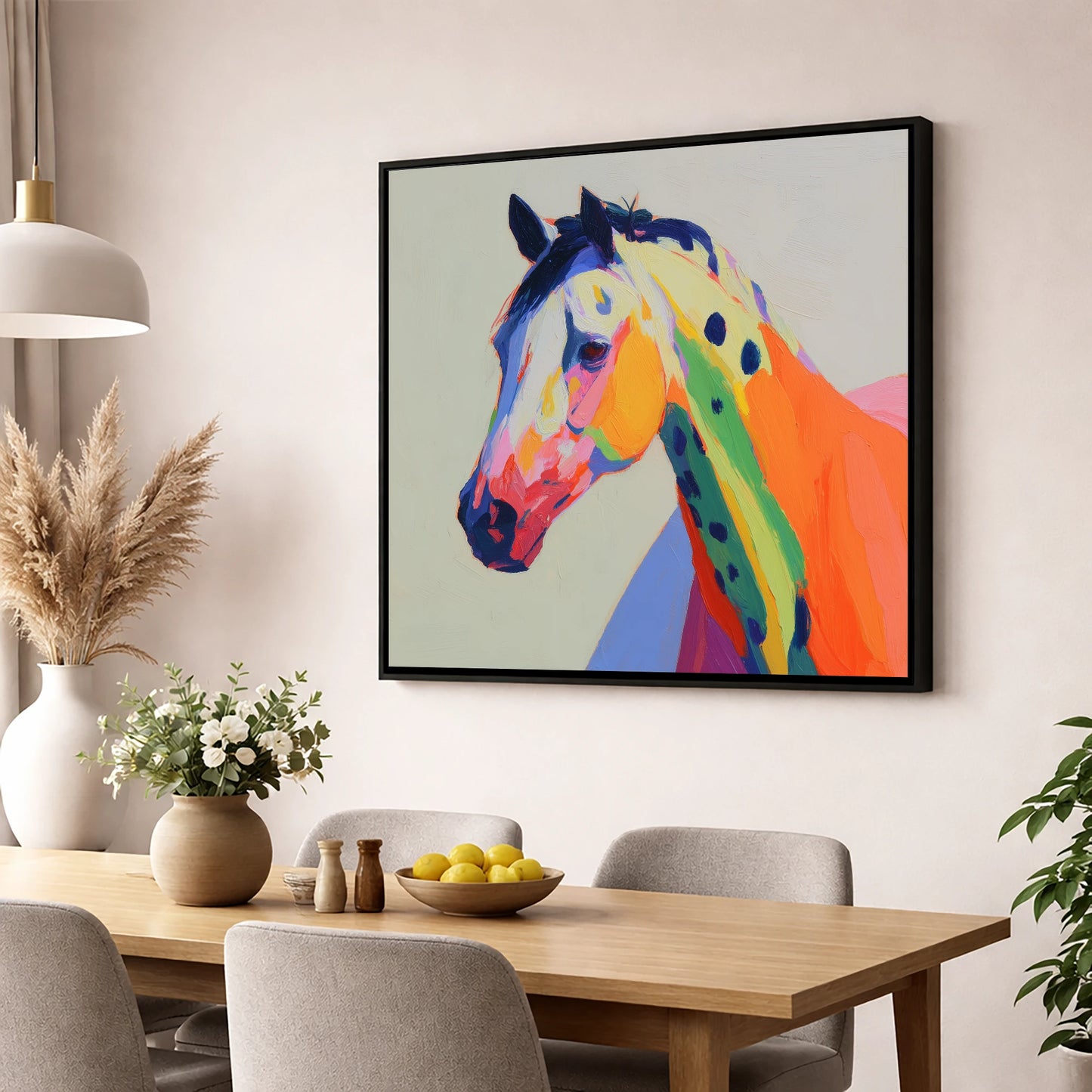 Vibrant Appaloosa Spirit horse breed wall art displayed in a dining room