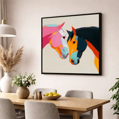 Vibrant Equine Bond horse portrait wall art displayed in a dining room