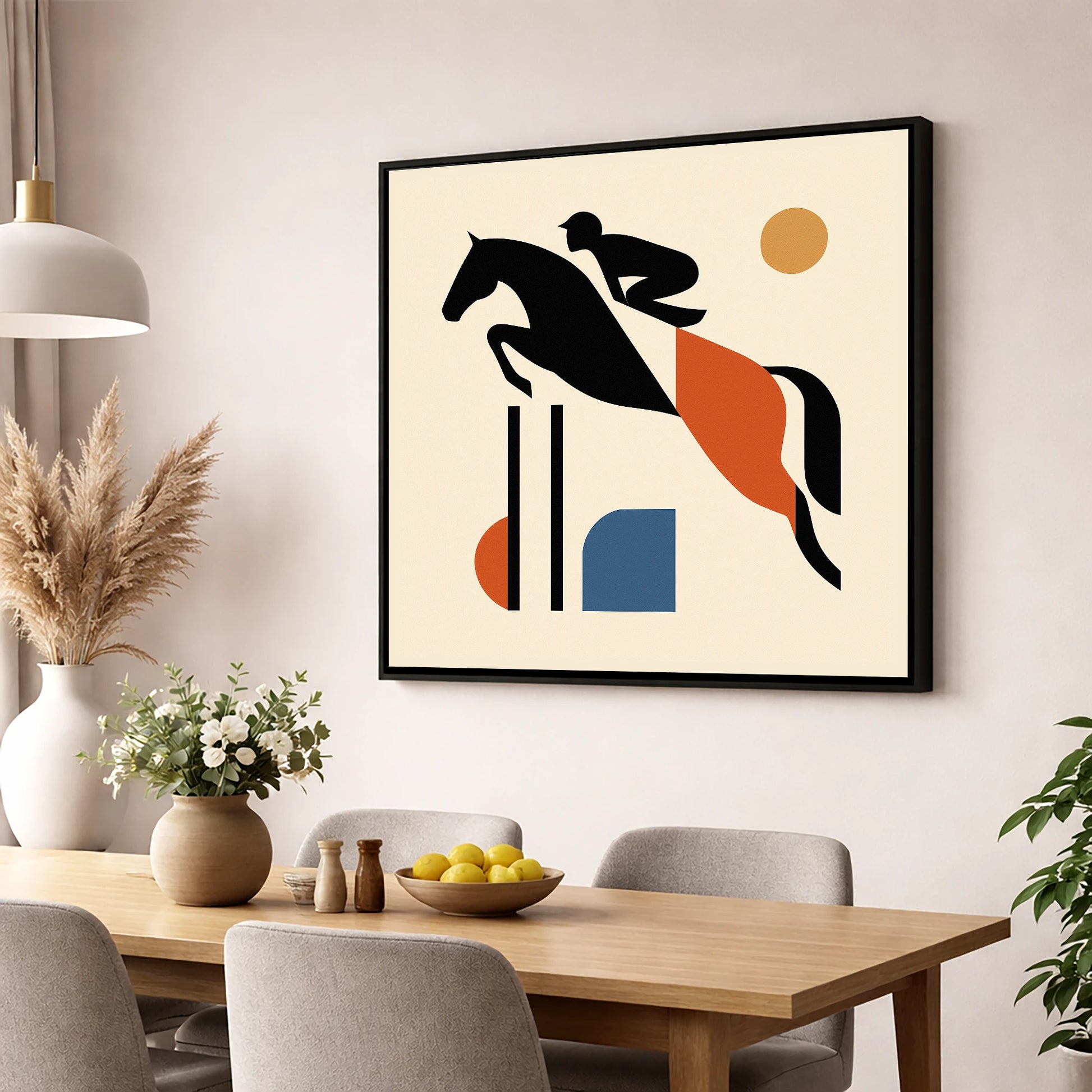 Retro Airborne Ascent show jumping horse wall art displayed in a dining room