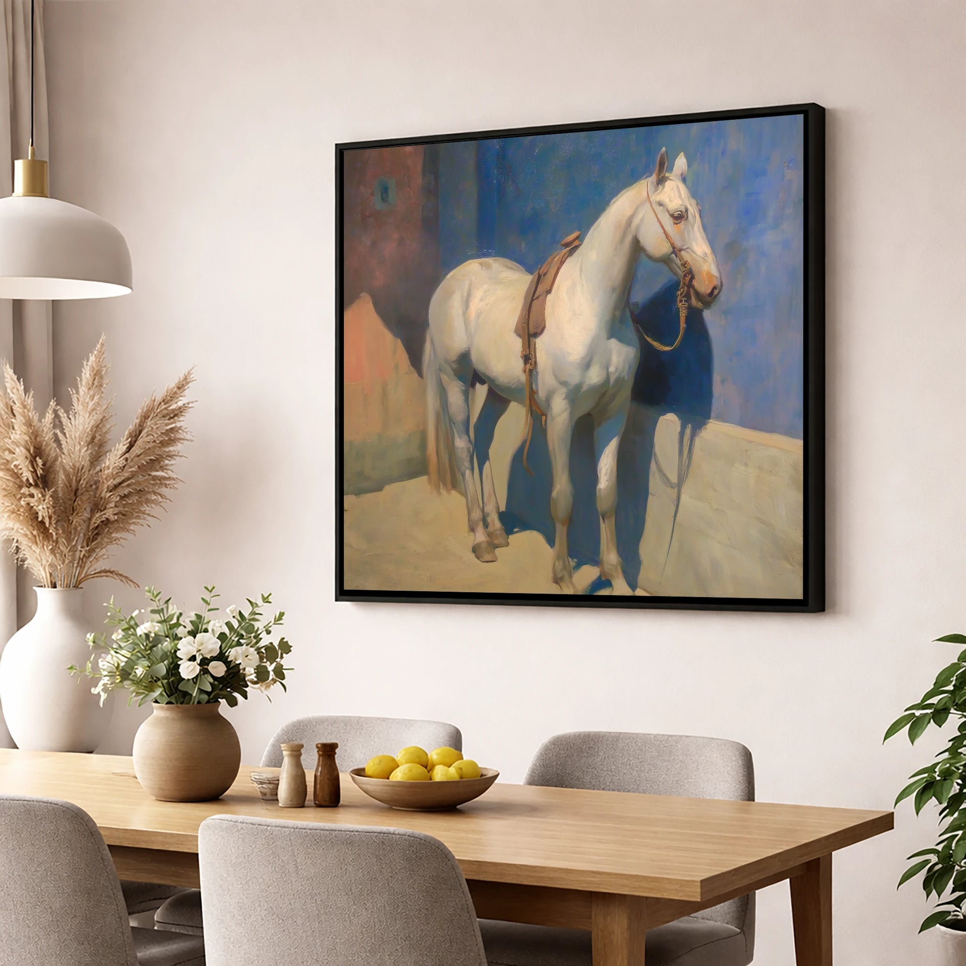 Sunlit Grey against Azure horse breed wall art displayed in a dining room