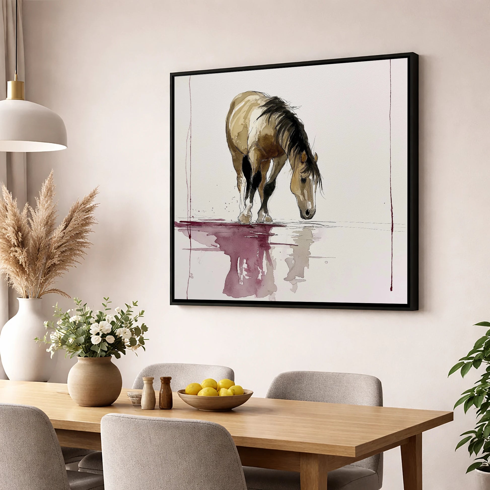 Quiet Reflection horse portrait wall art displayed in a dining room