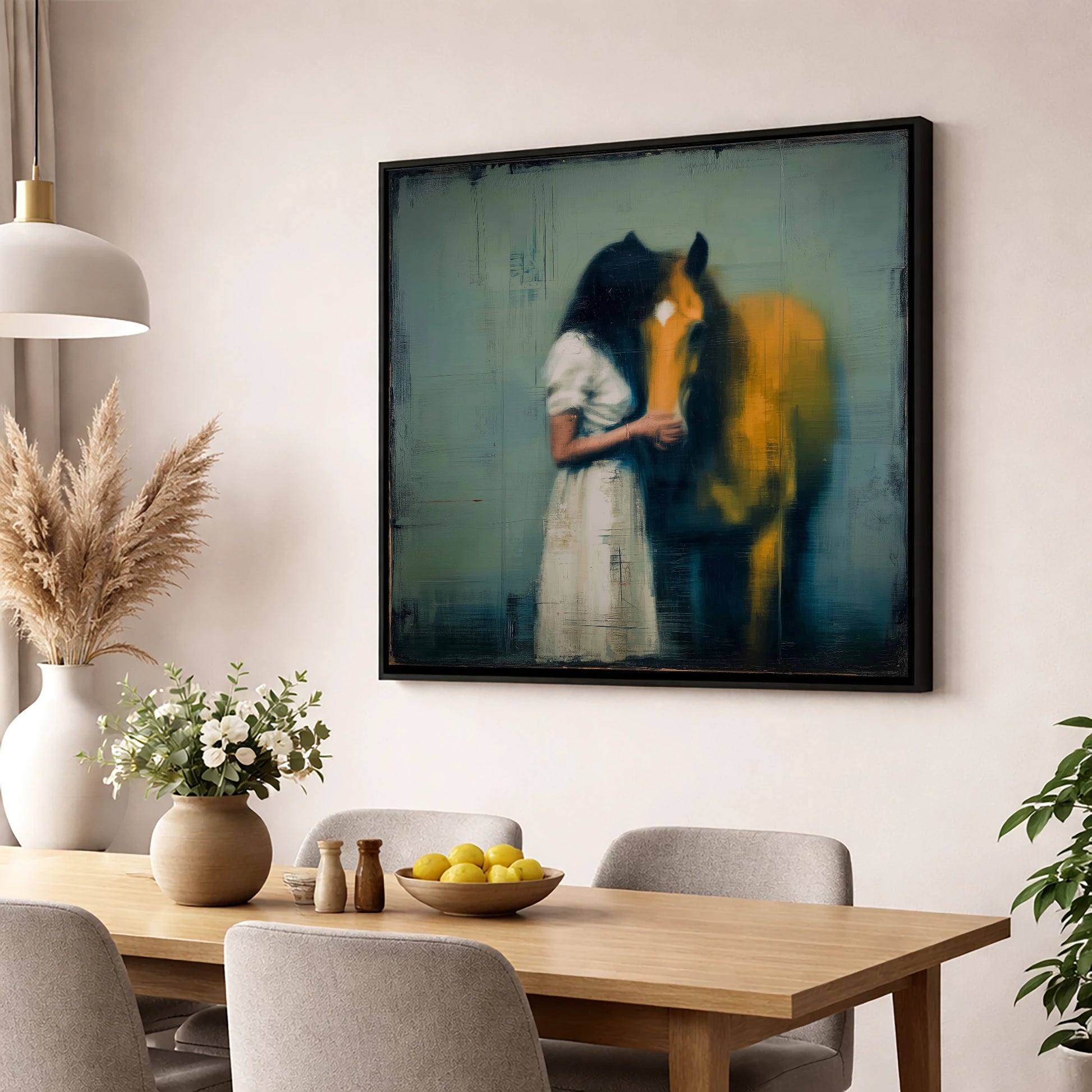 Silent Devotion horse & rider wall art displayed in a dining room