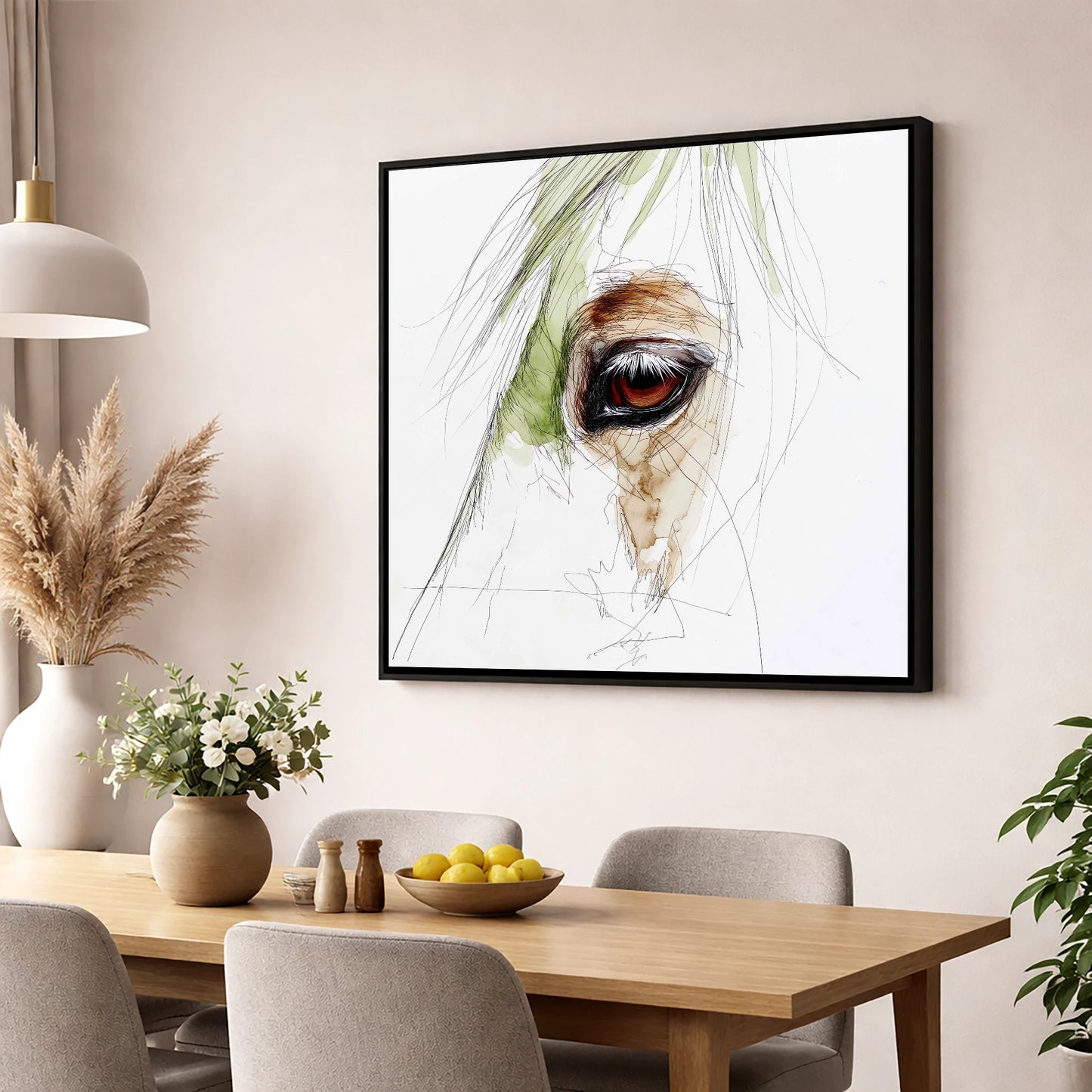 The Amber Gaze horse portrait wall art displayed in a dining room