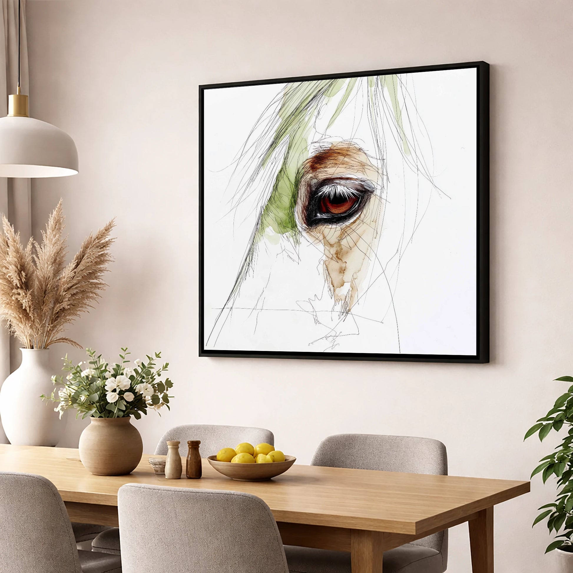 The Amber Gaze horse portrait wall art displayed in a dining room