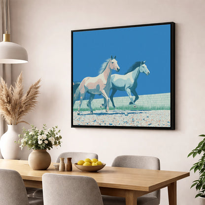 Azure Horizon Strides wild horses wall art displayed in a dining room