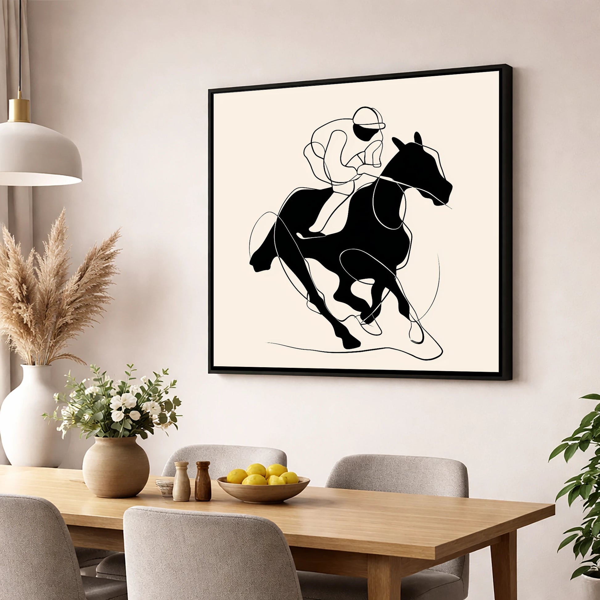 Silhouetted Gallop racing horse wall art displayed in a dining room