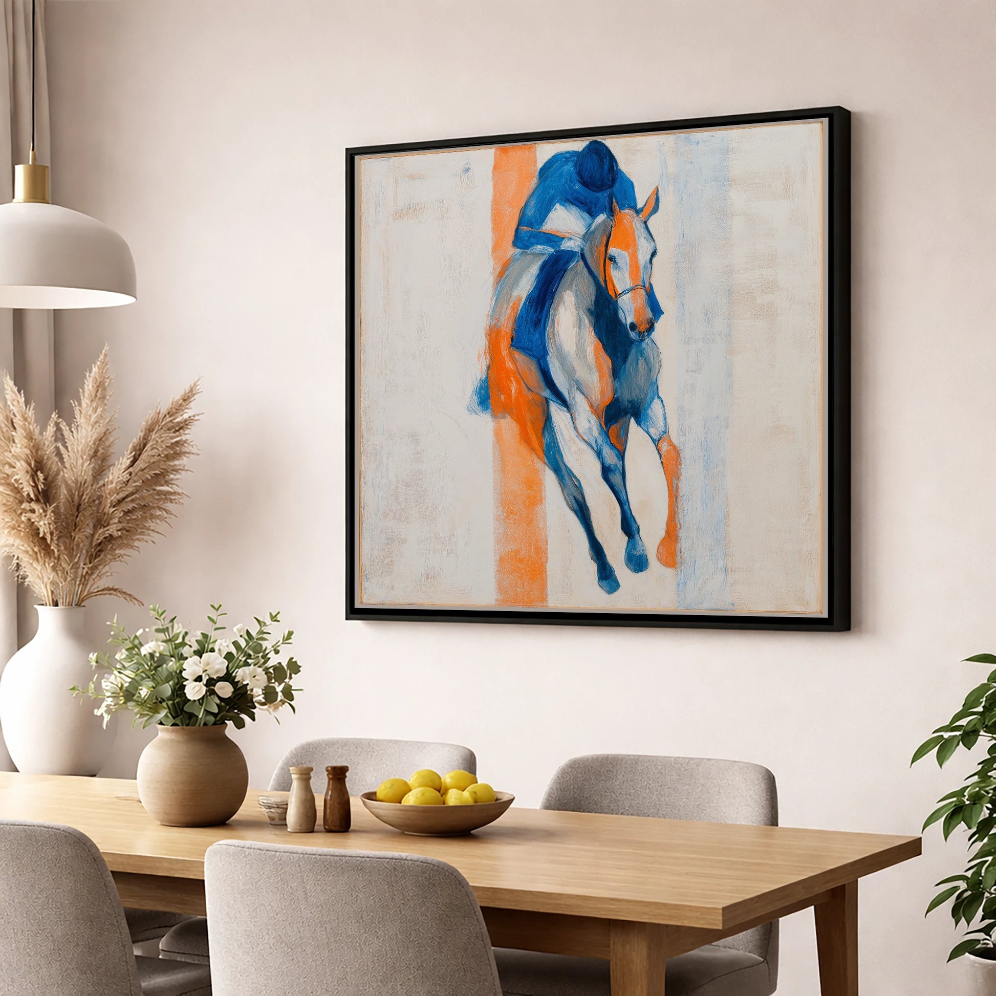 Velocity in Blue racing horse wall art displayed in a dining room