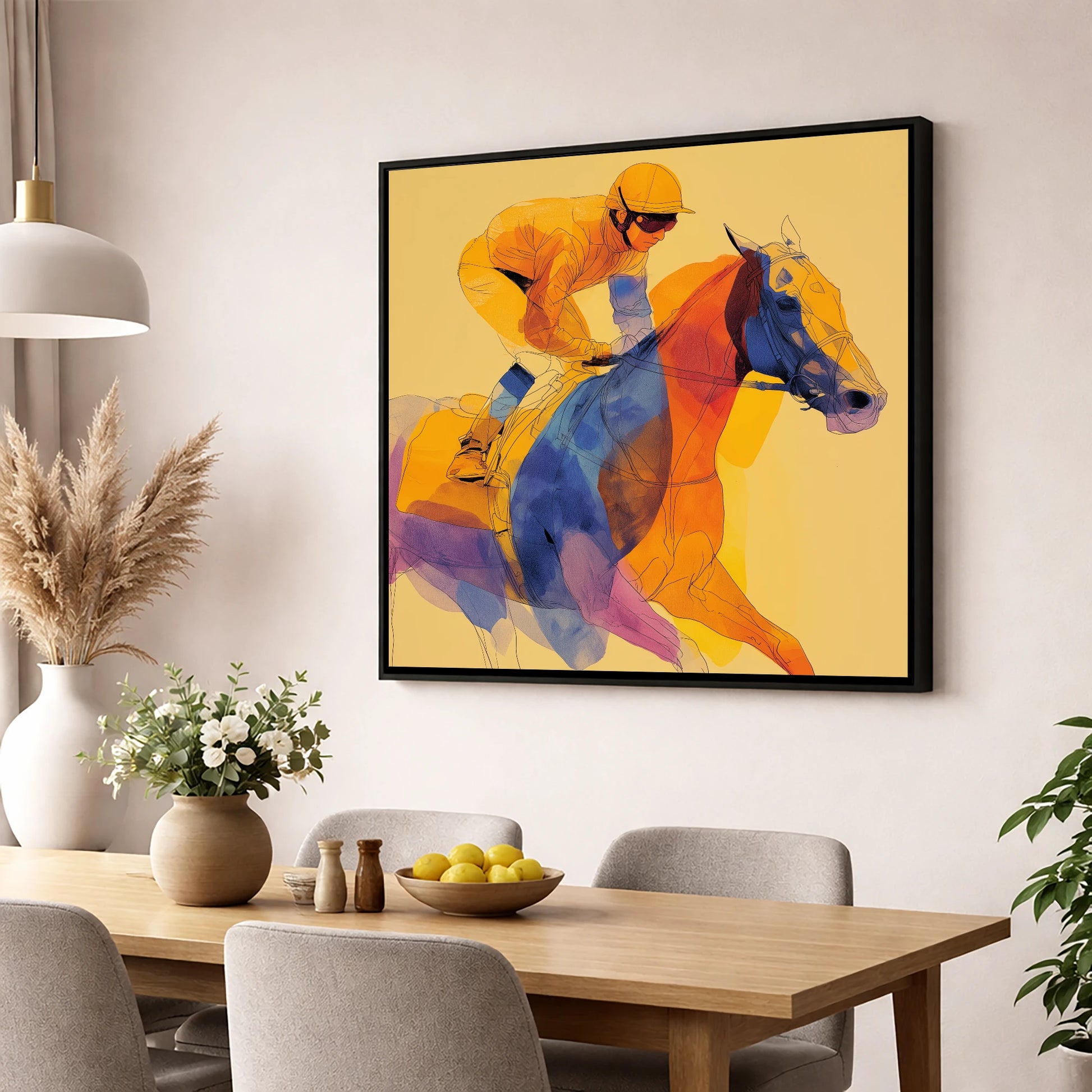 Prismatic Racing Stride racing horse wall art displayed in a dining room