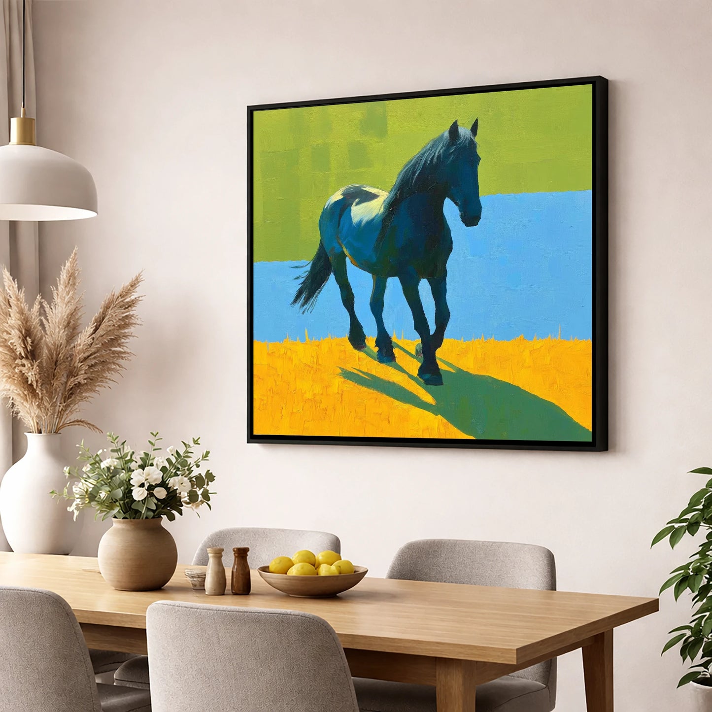 Indigo Cob in Summer Light horse breed wall art displayed in a dining room