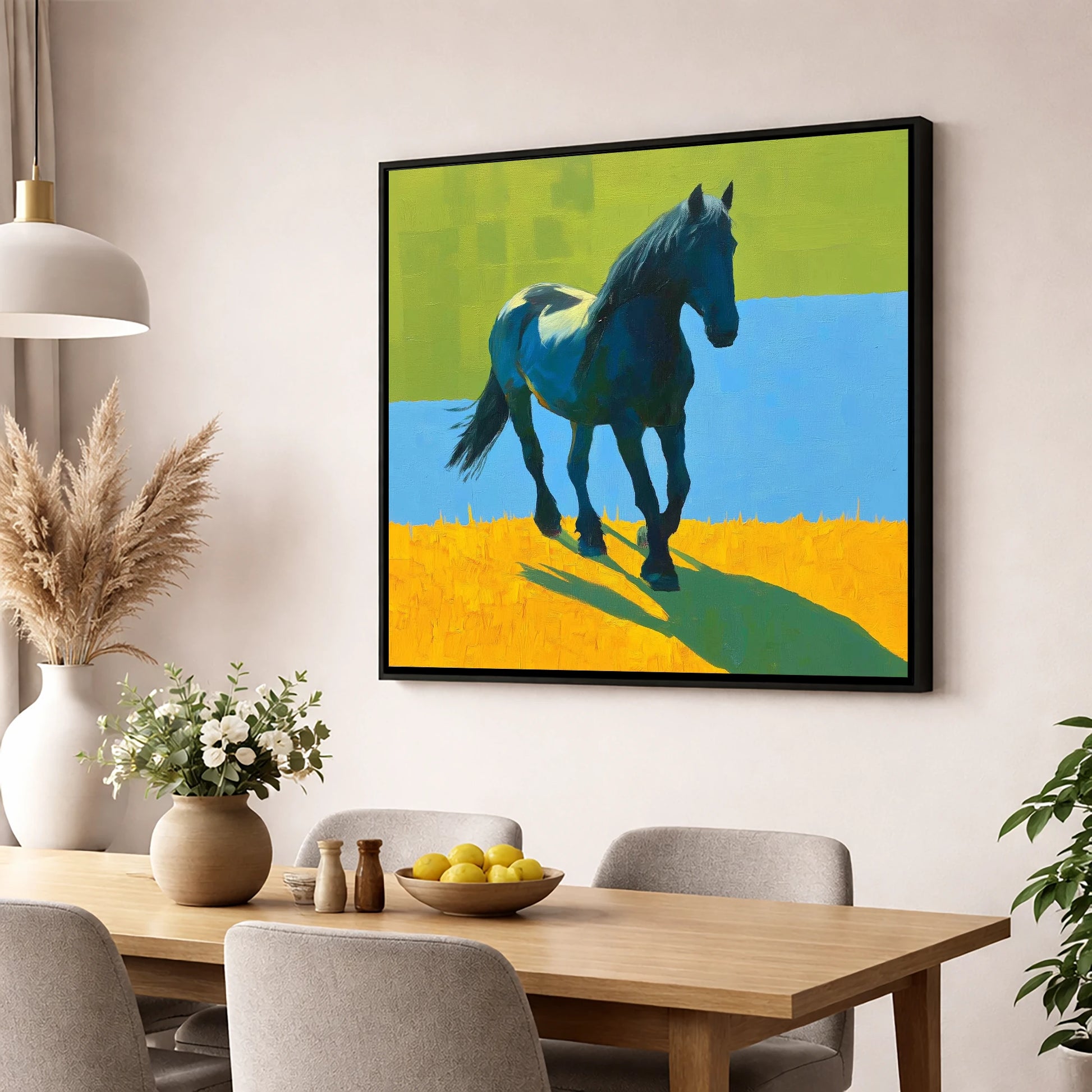 Indigo Cob in Summer Light horse breed wall art displayed in a dining room