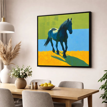 Indigo Cob in Summer Light horse breed wall art displayed in a dining room