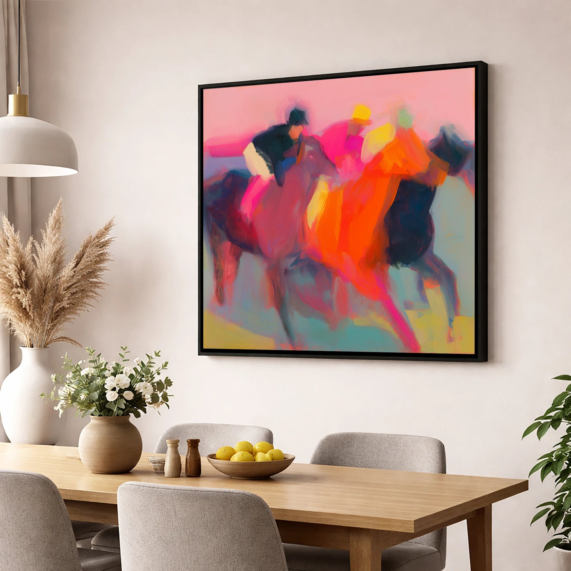 Thundering Silks racing horse wall art displayed in a dining room