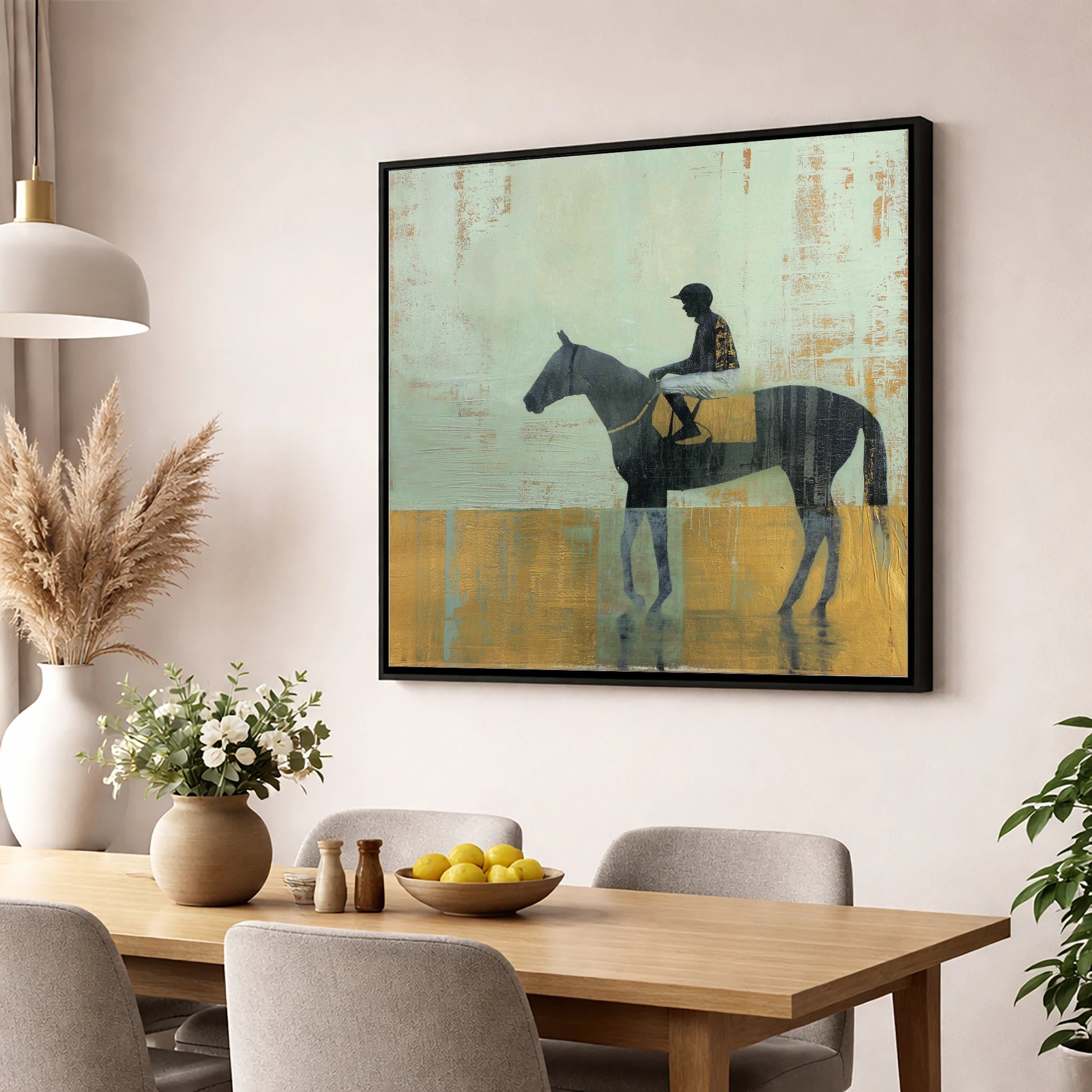 Golden Turf Reflections racing horse wall art displayed in a dining room