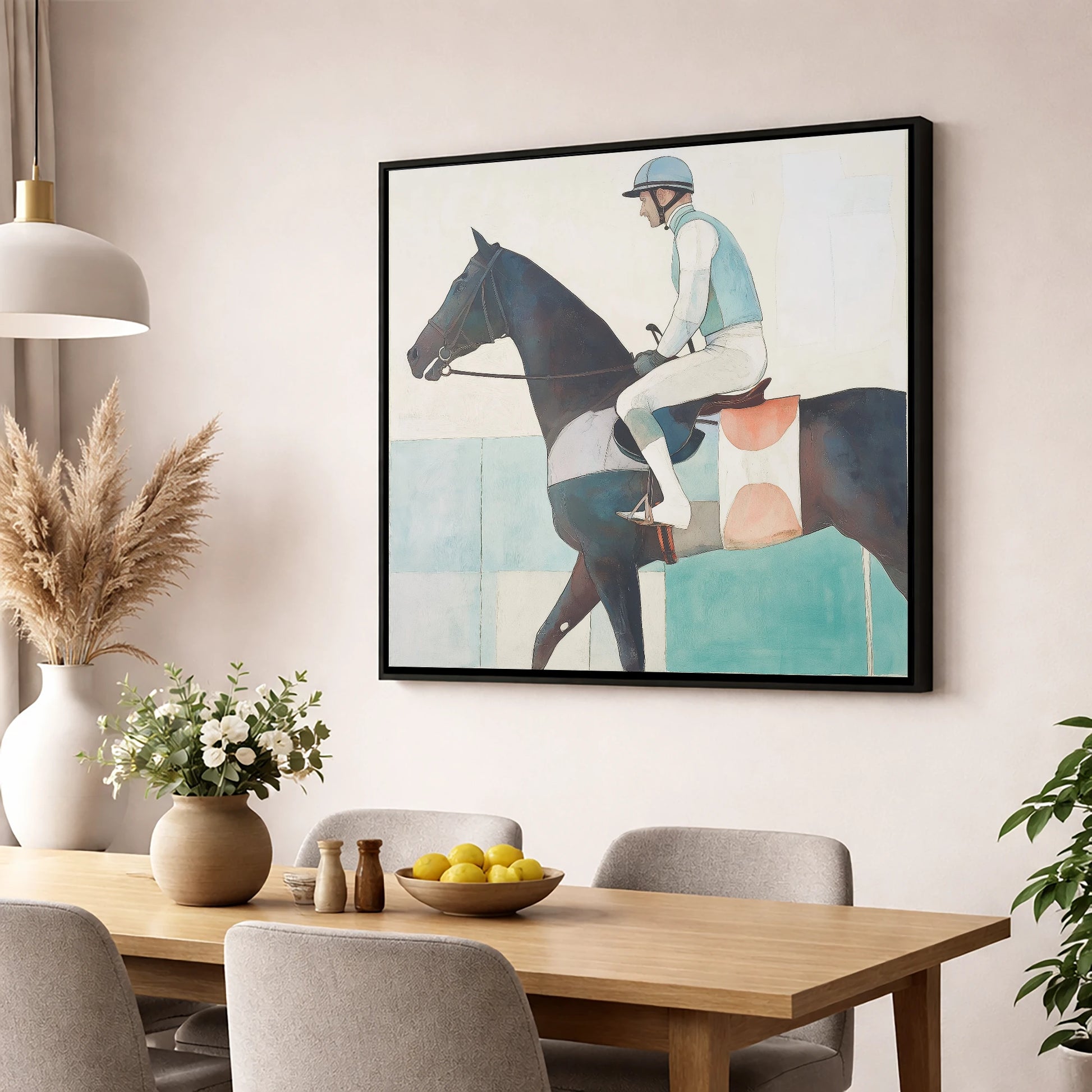 Aquamarine Stride racing horse wall art displayed in a dining room