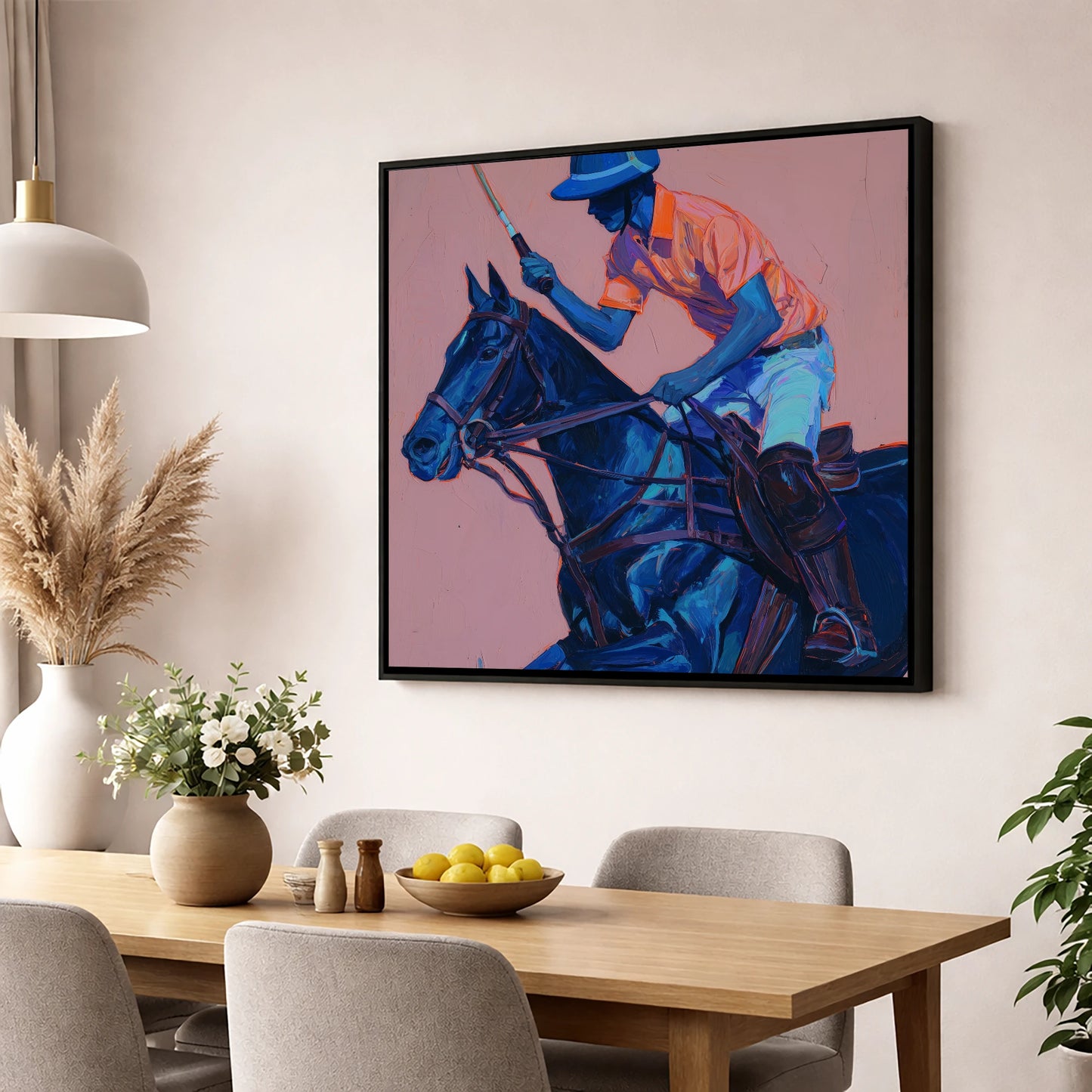 The Indigo Chukka polo horse wall art displayed in a dining room