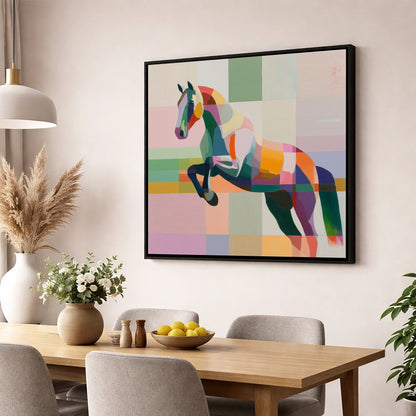 Modern Equine Leap show jumping horse wall art displayed in a dining room