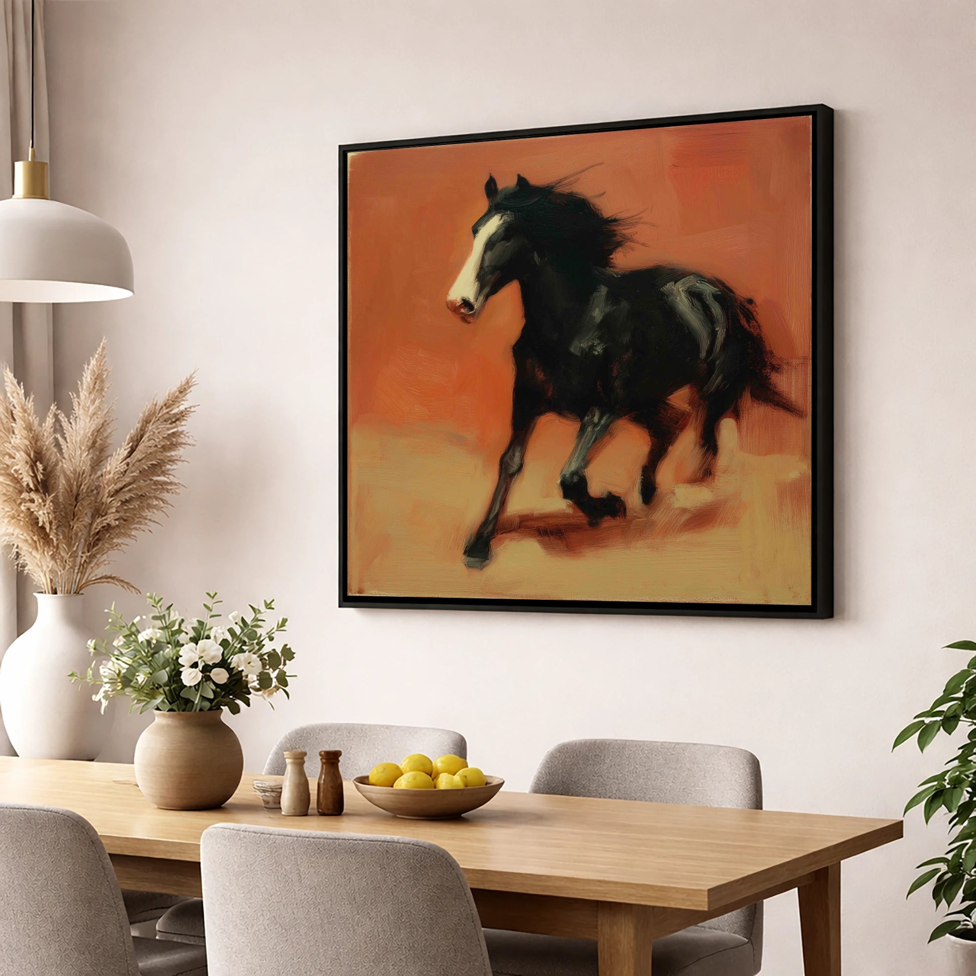 Terracotta Spirit horse portrait wall art displayed in a dining room