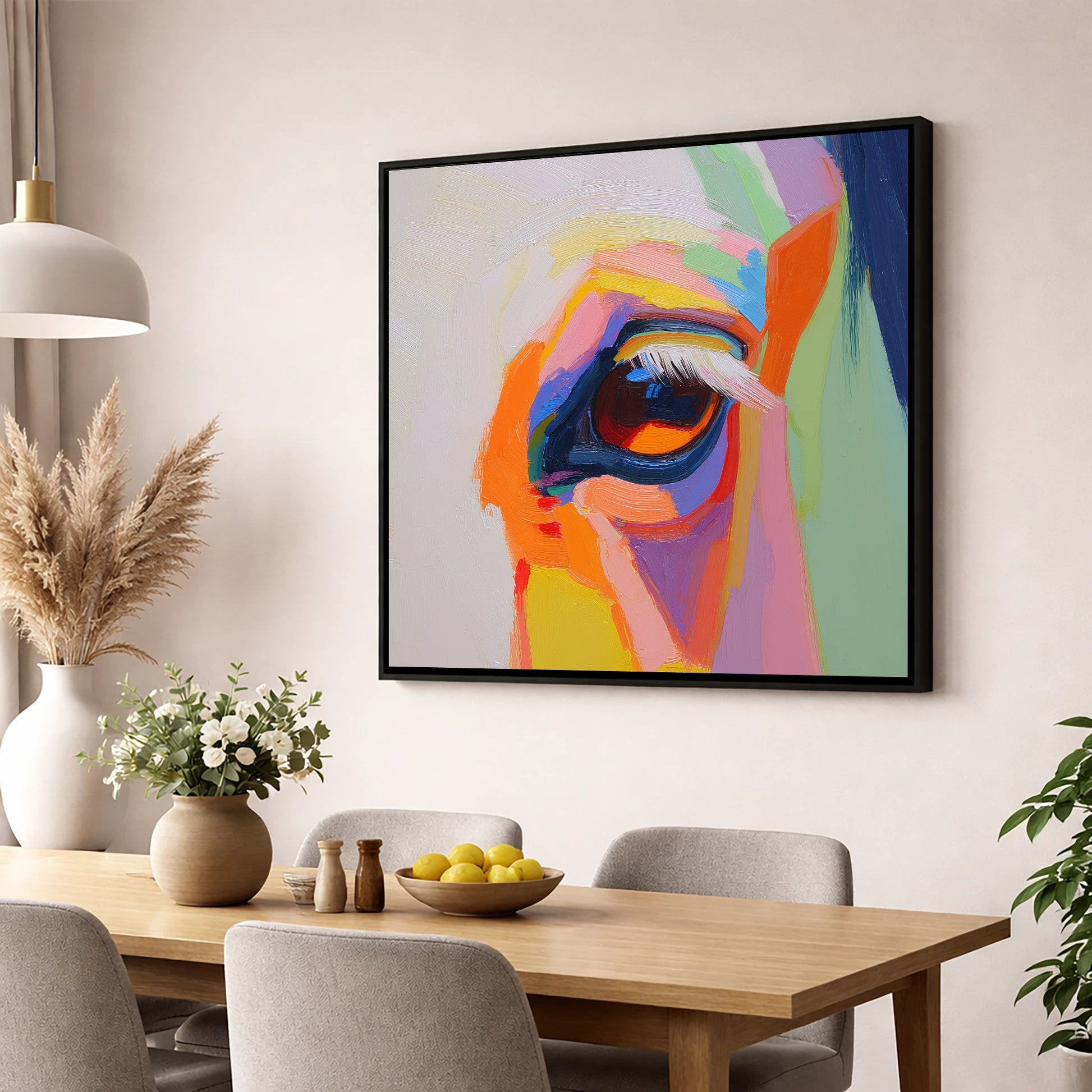 Kaleidoscopic Gaze horse portrait wall art displayed in a dining room