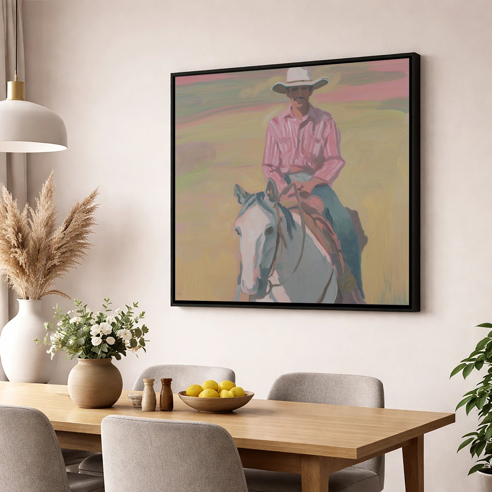 Dusk on the Plains western horse wall art displayed in a dining room