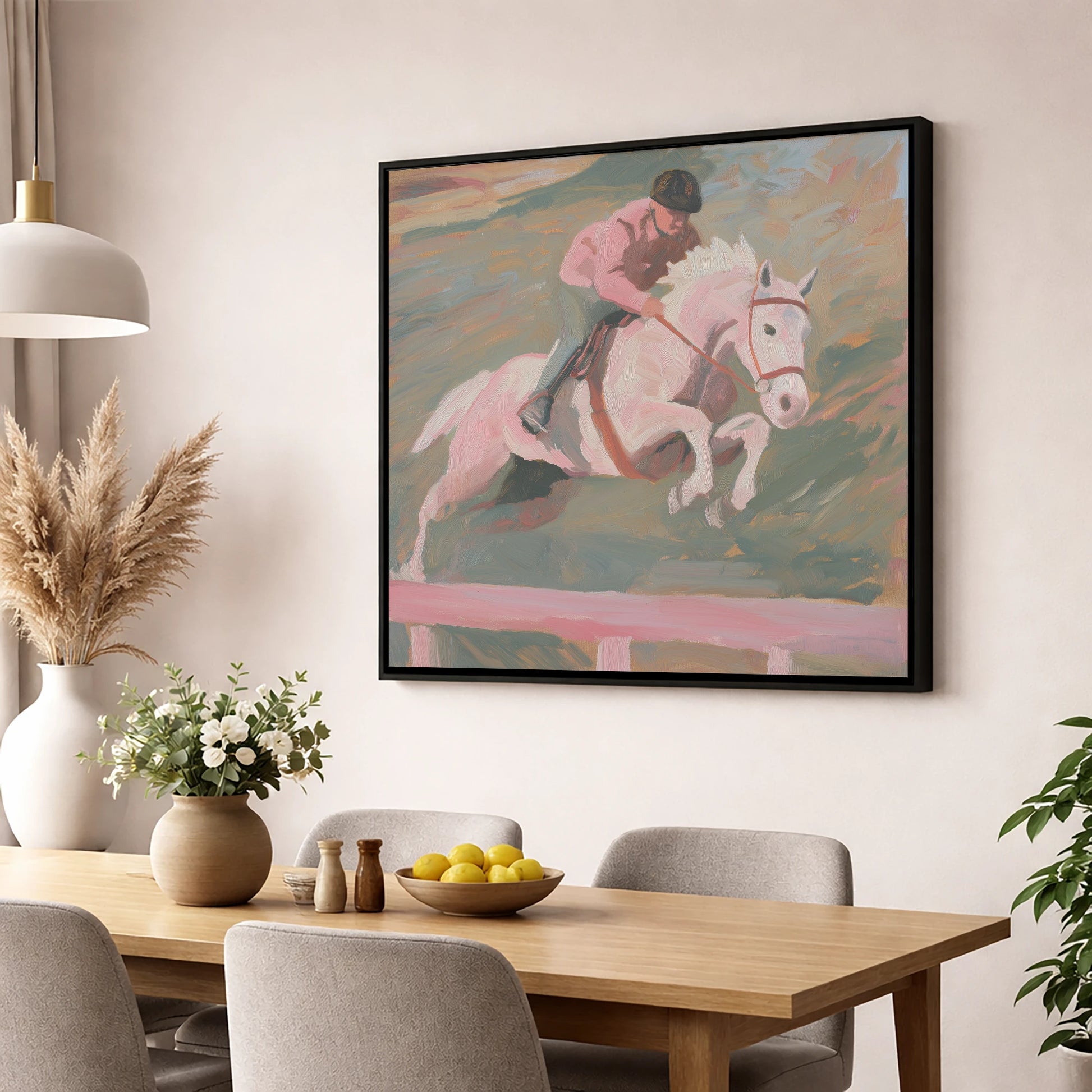 Airborne in Pastel show jumping horse wall art displayed in a dining room