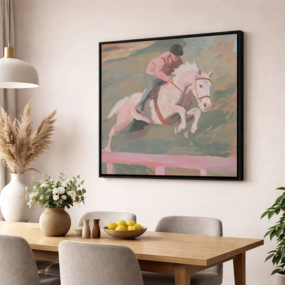 Airborne in Pastel show jumping horse wall art displayed in a dining room