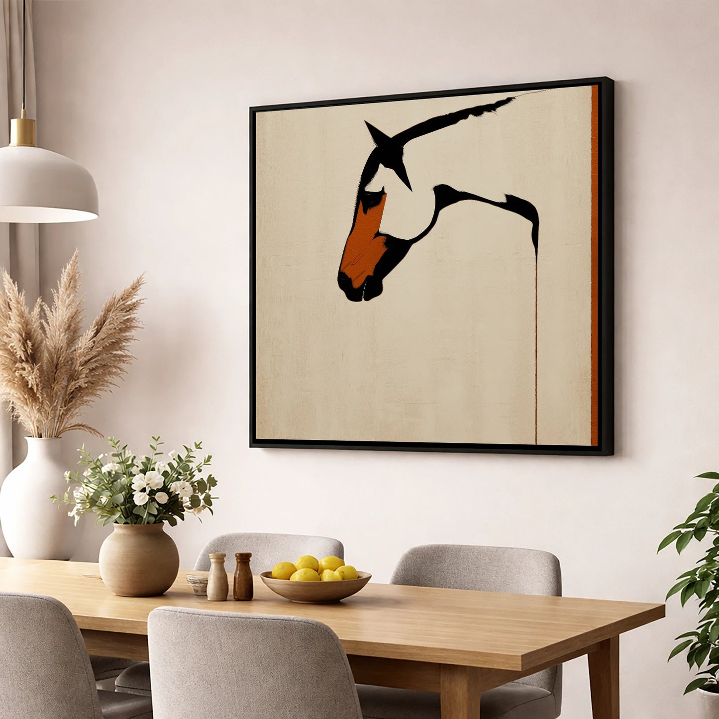 Minimalist Equine Profile horse breed wall art displayed in a dining room