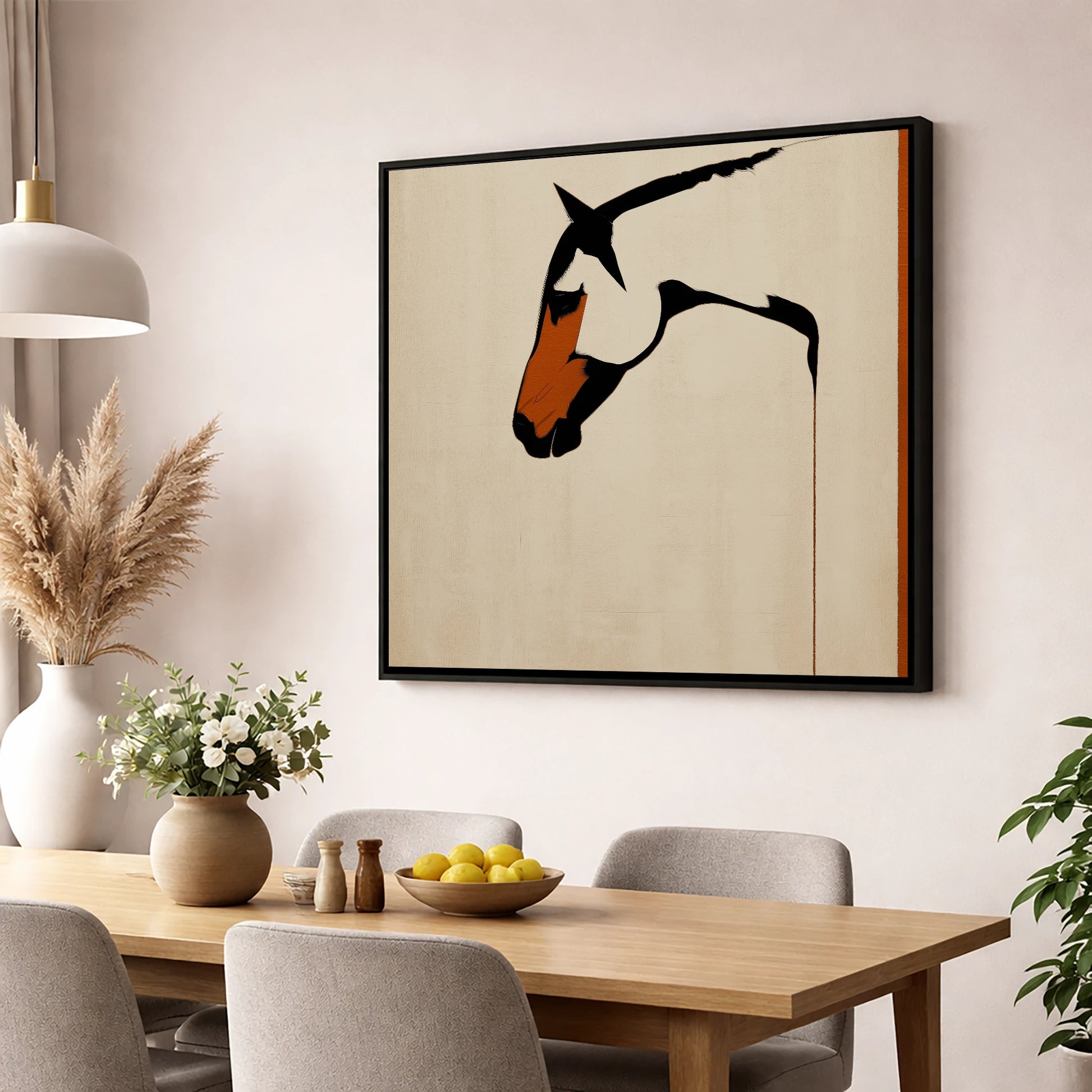 Minimalist Equine Profile horse breed wall art displayed in a dining room