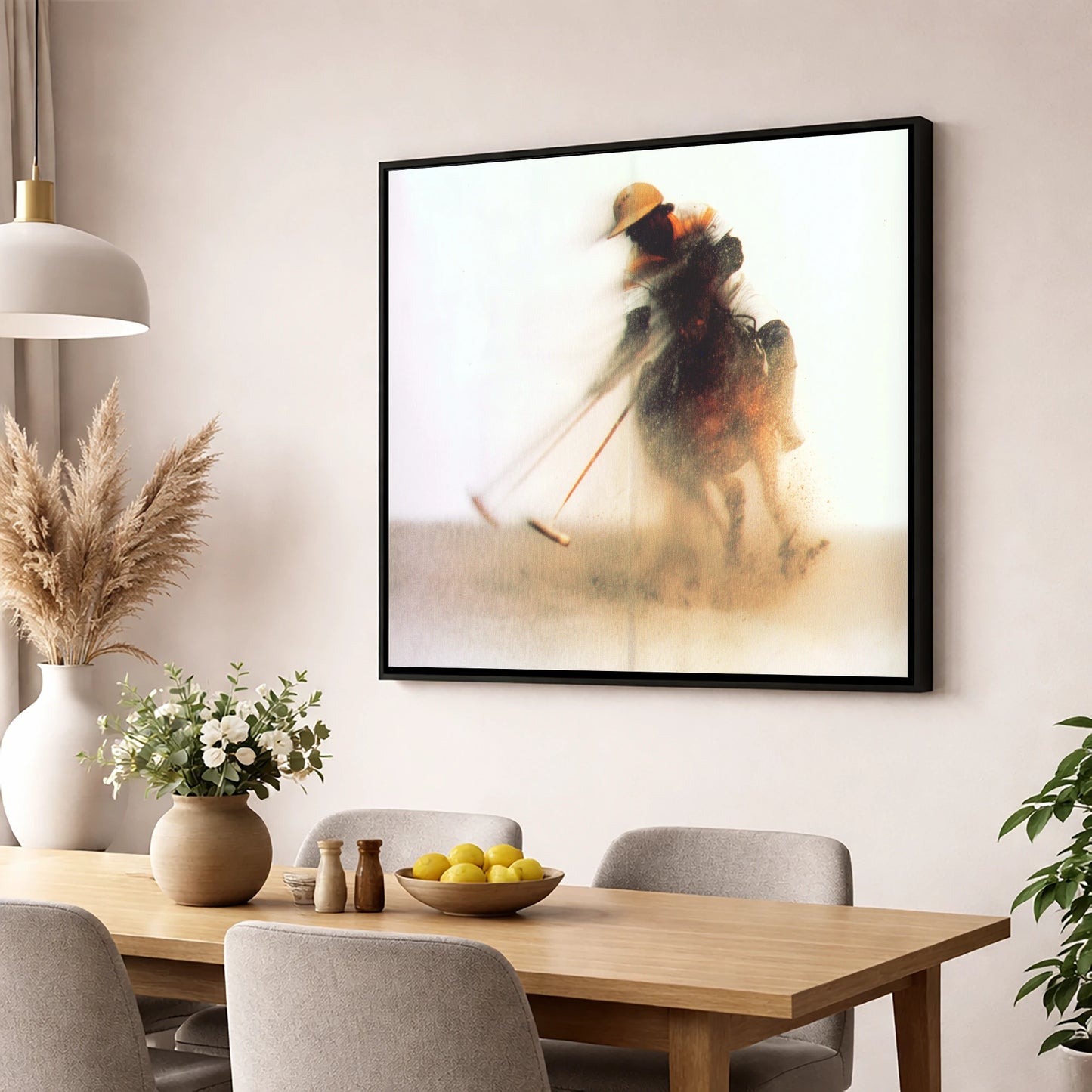 The Ethereal Chukka polo horse wall art displayed in a dining room