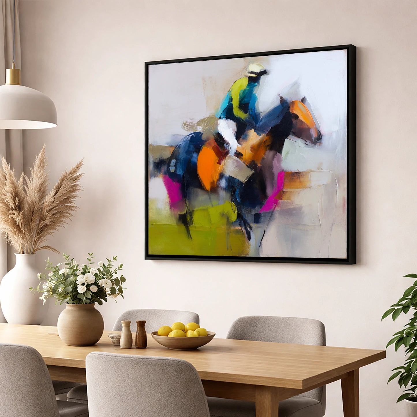 The Vivid Furlong racing horse wall art displayed in a dining room