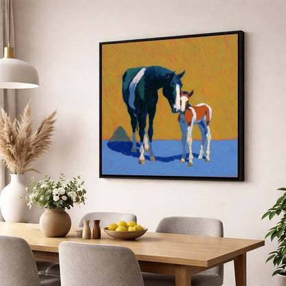 Sun-Drenched Devotion mare & foal wall art displayed in a dining room