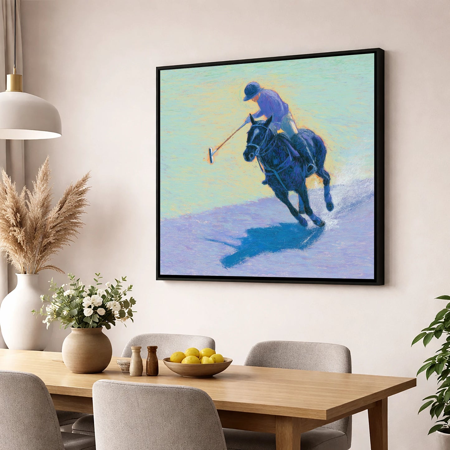 The Indigo Chukka polo horse wall art displayed in a dining room
