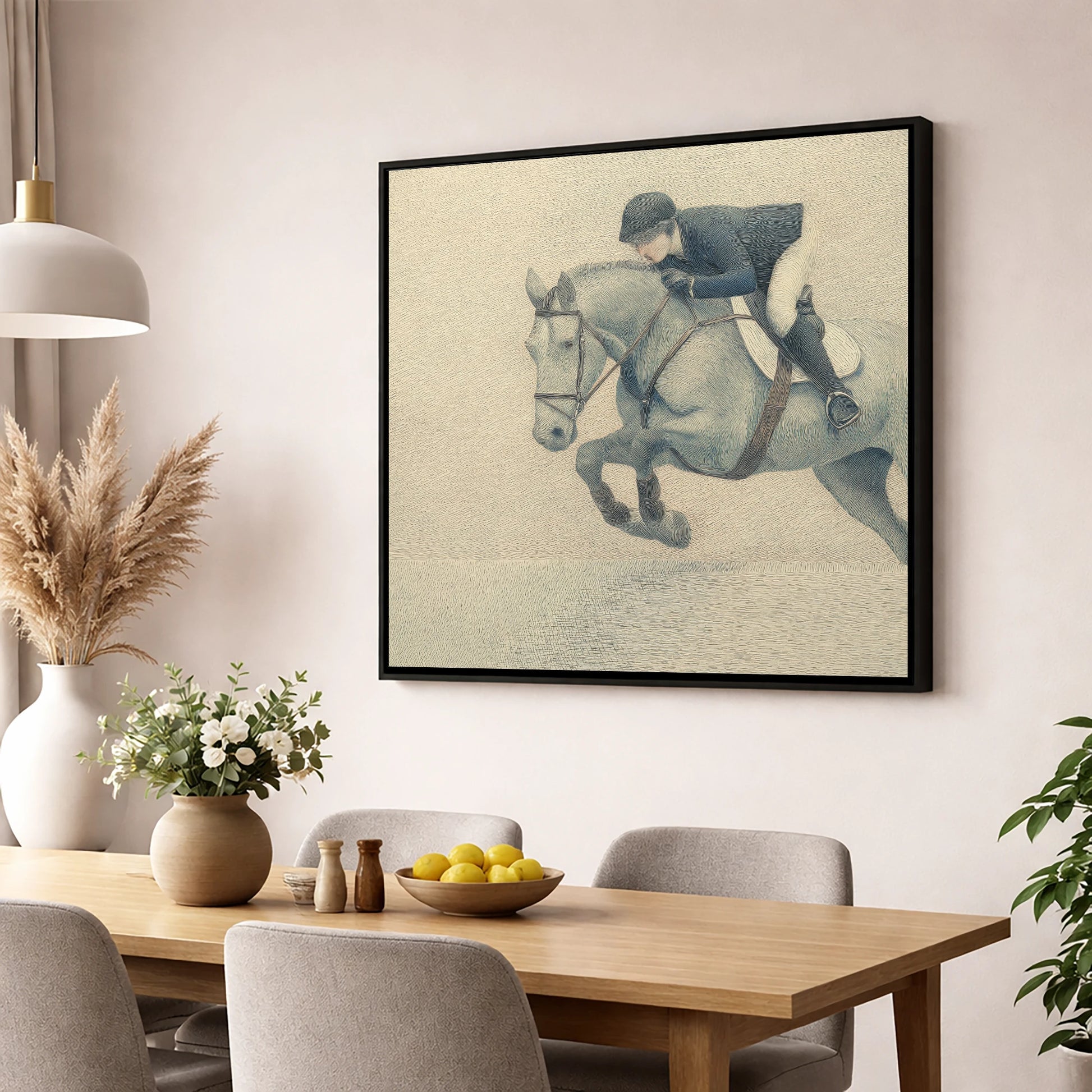 Suspended Flight show jumping horse wall art displayed in a dining room
