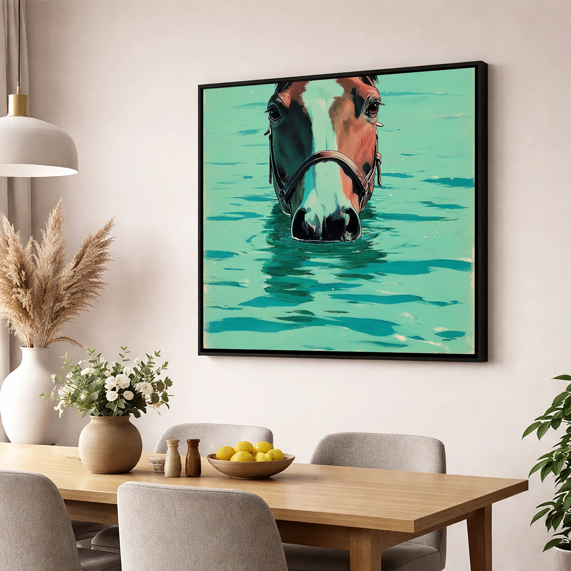 Teal Water Swim beach horse wall art displayed in a dining room