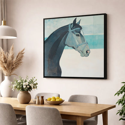 Serene Aquamarine Profile racing horse wall art displayed in a dining room