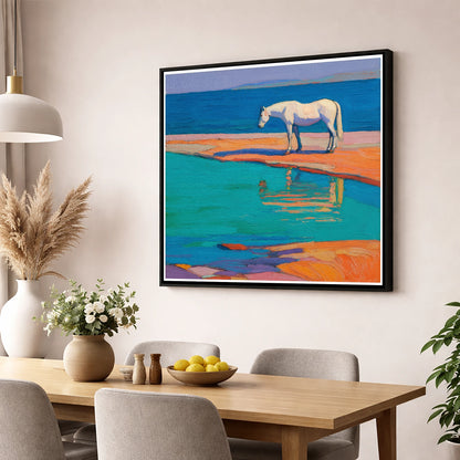 Turquoise Tide Reflections beach horse wall art displayed in a dining room
