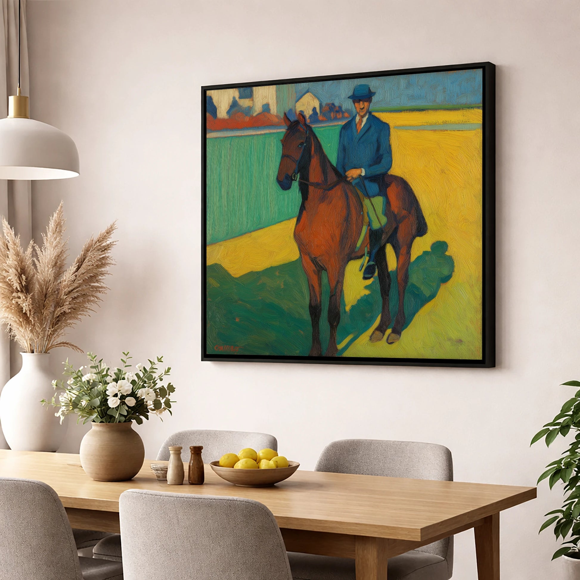 Vivid Morning Exercise racing horse wall art displayed in a dining room