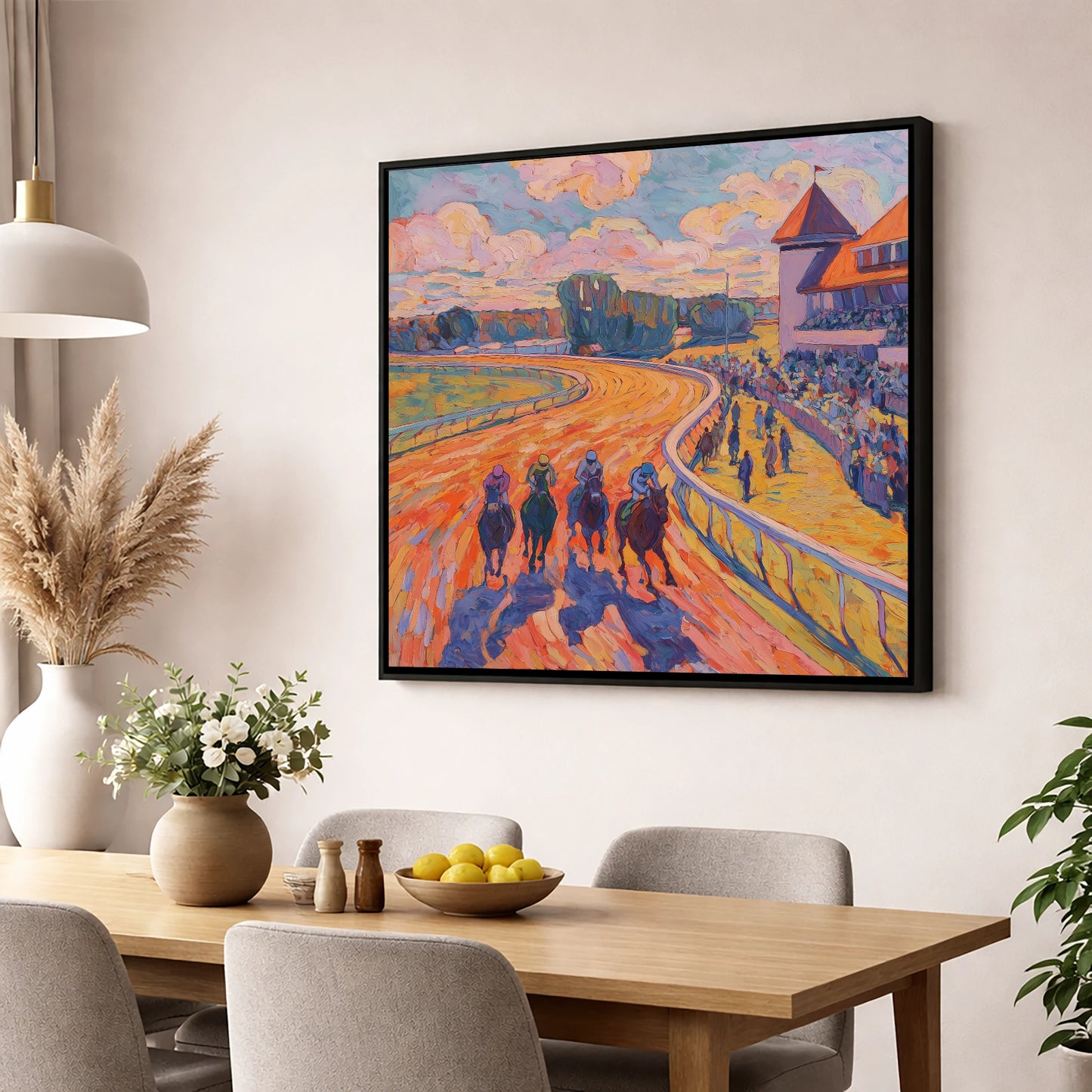 Colours of the Home Straight racing horse wall art displayed in a dining room