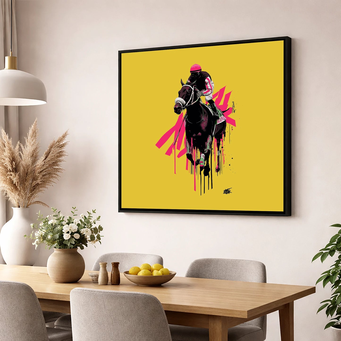 Neon Gallop racing horse wall art displayed in a dining room