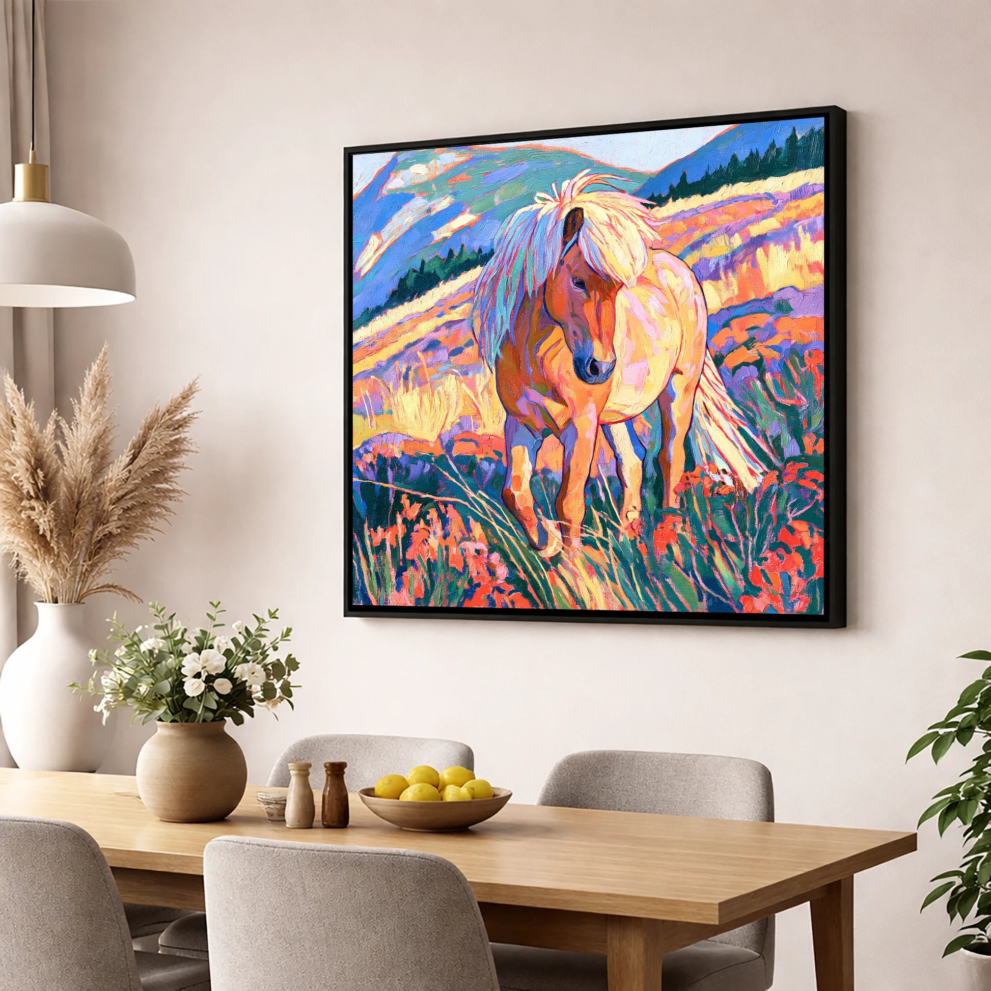 Fjord Horse in Vibrant Mountains horse breed wall art displayed in a dining room