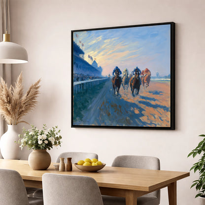 Thundering Towards Home racing horse wall art displayed in a dining room