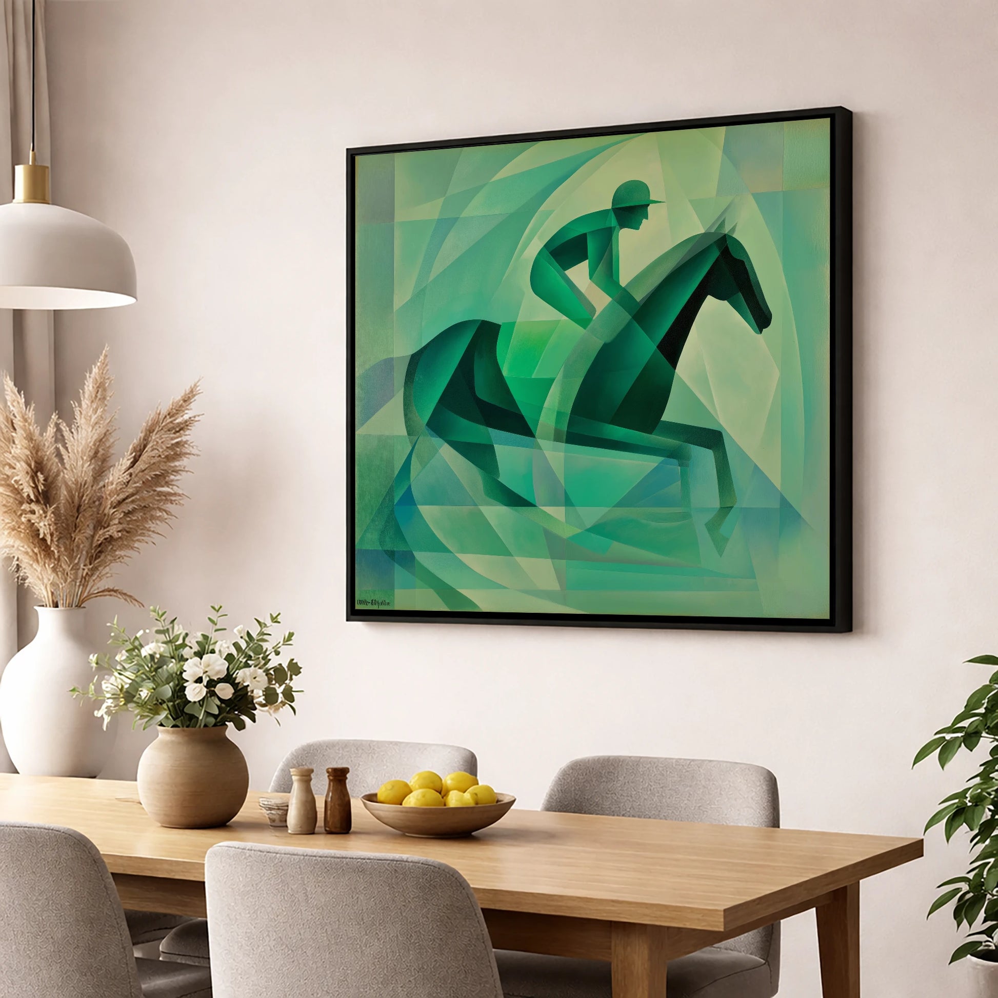 Verdant Stride racing horse wall art displayed in a dining room