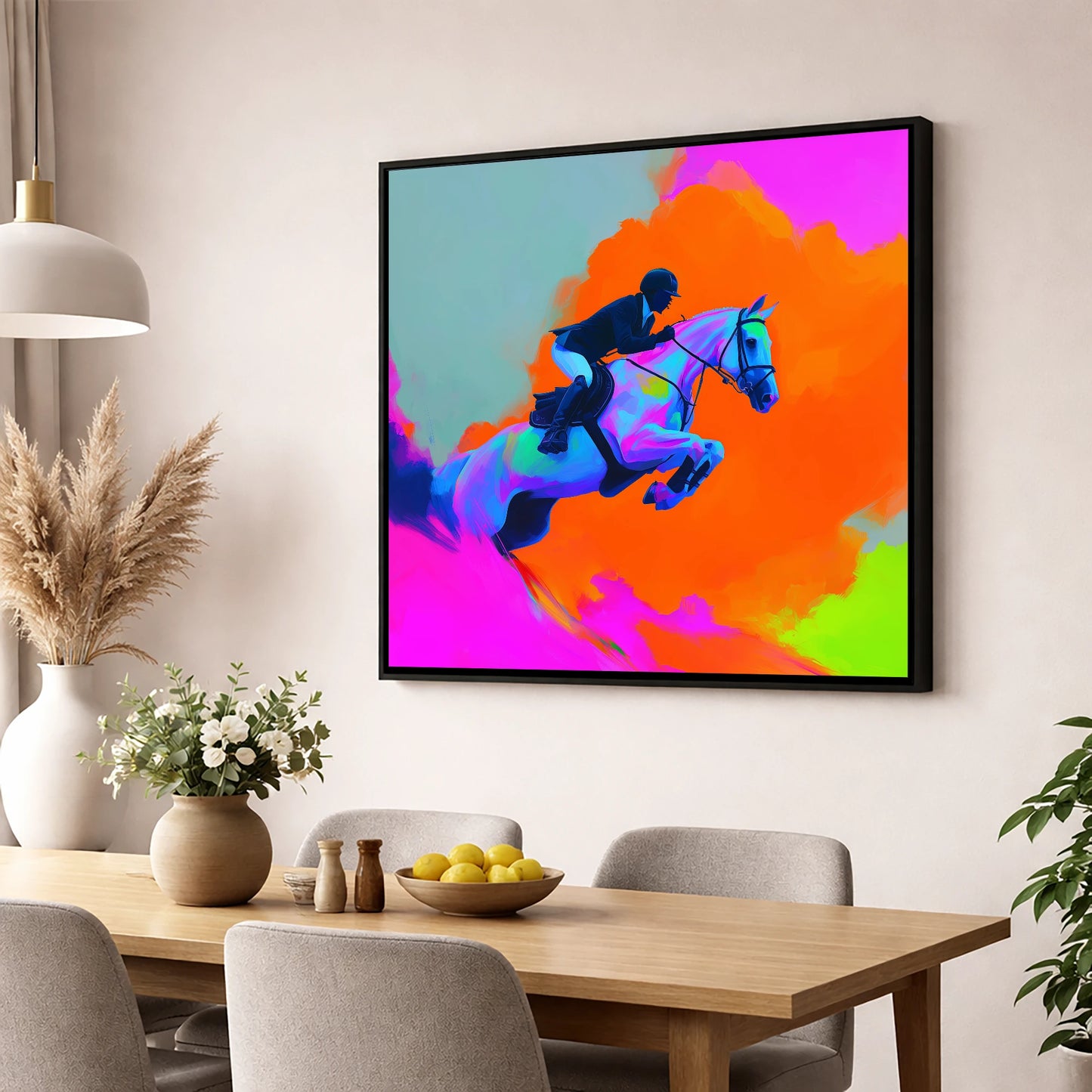 Vivid Showjumping Flight show jumping horse wall art displayed in a dining room