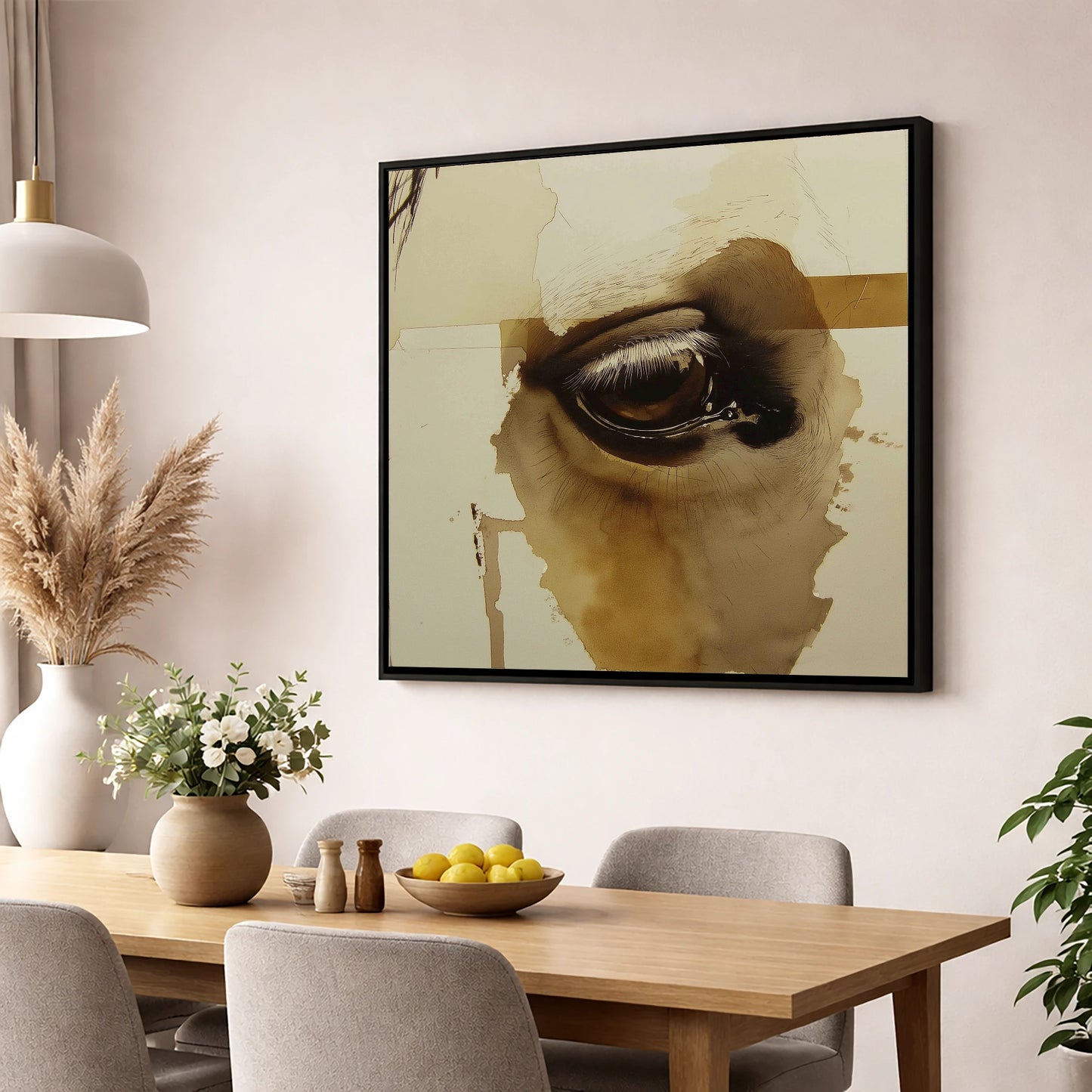The Equine Gaze horse portrait wall art displayed in a dining room